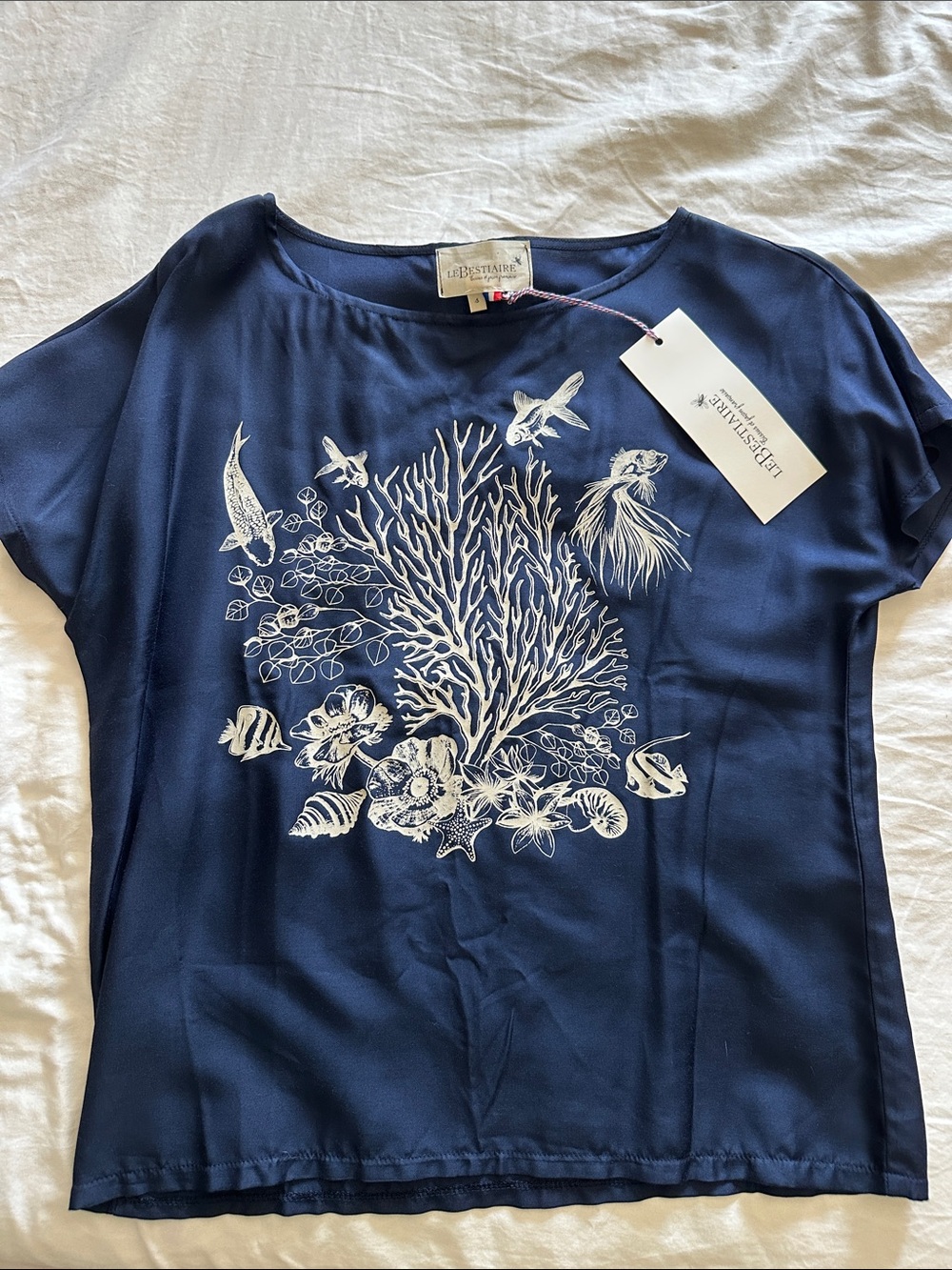 Navy Short-Sleeve Blouse with White Coral Print